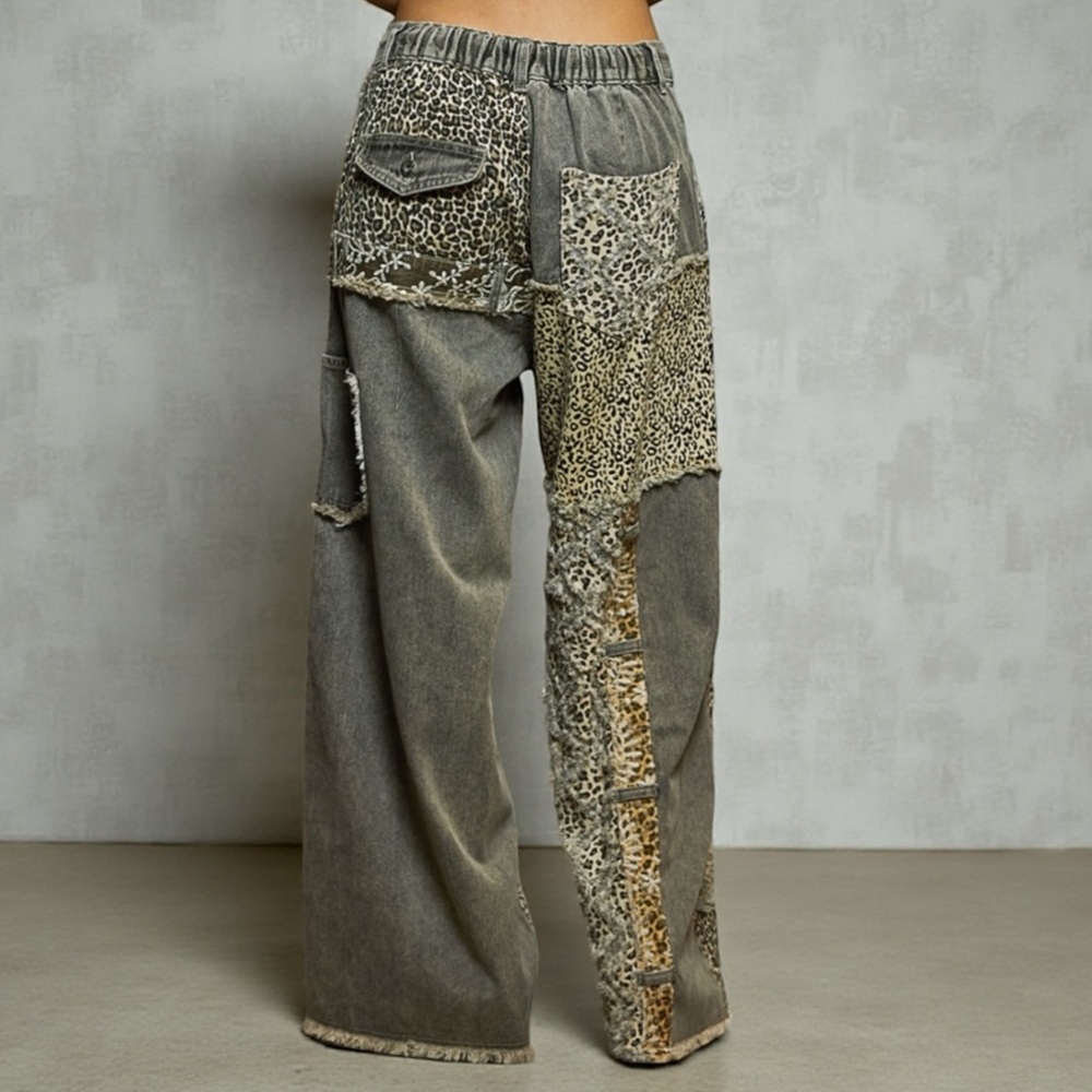 POL Women’s Printed Patchwork Leopard Denim Pants Gray/seafoam green Size Small - Picture 4 of 15